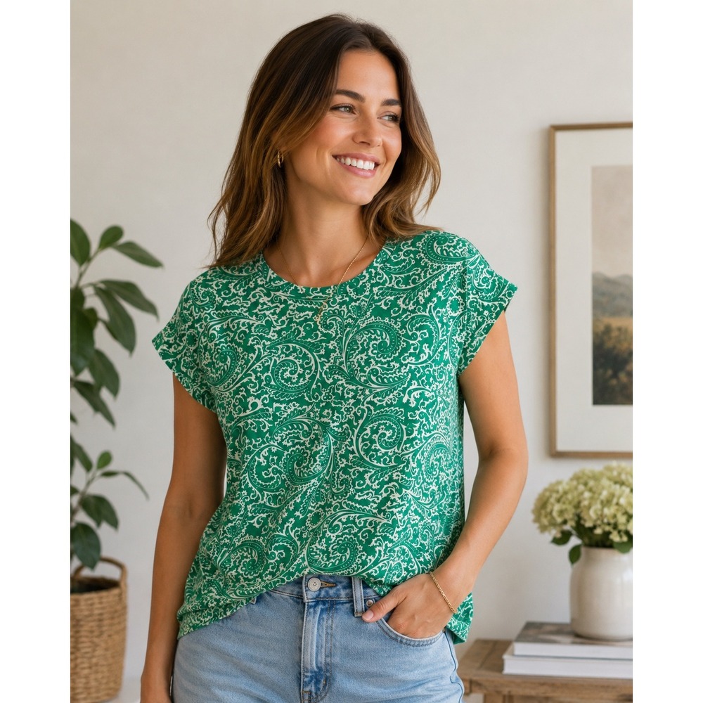 Crown & Ivy Paisley Top Women M Medium Green Cap Sleeve Cotton Modal Tee Shirt